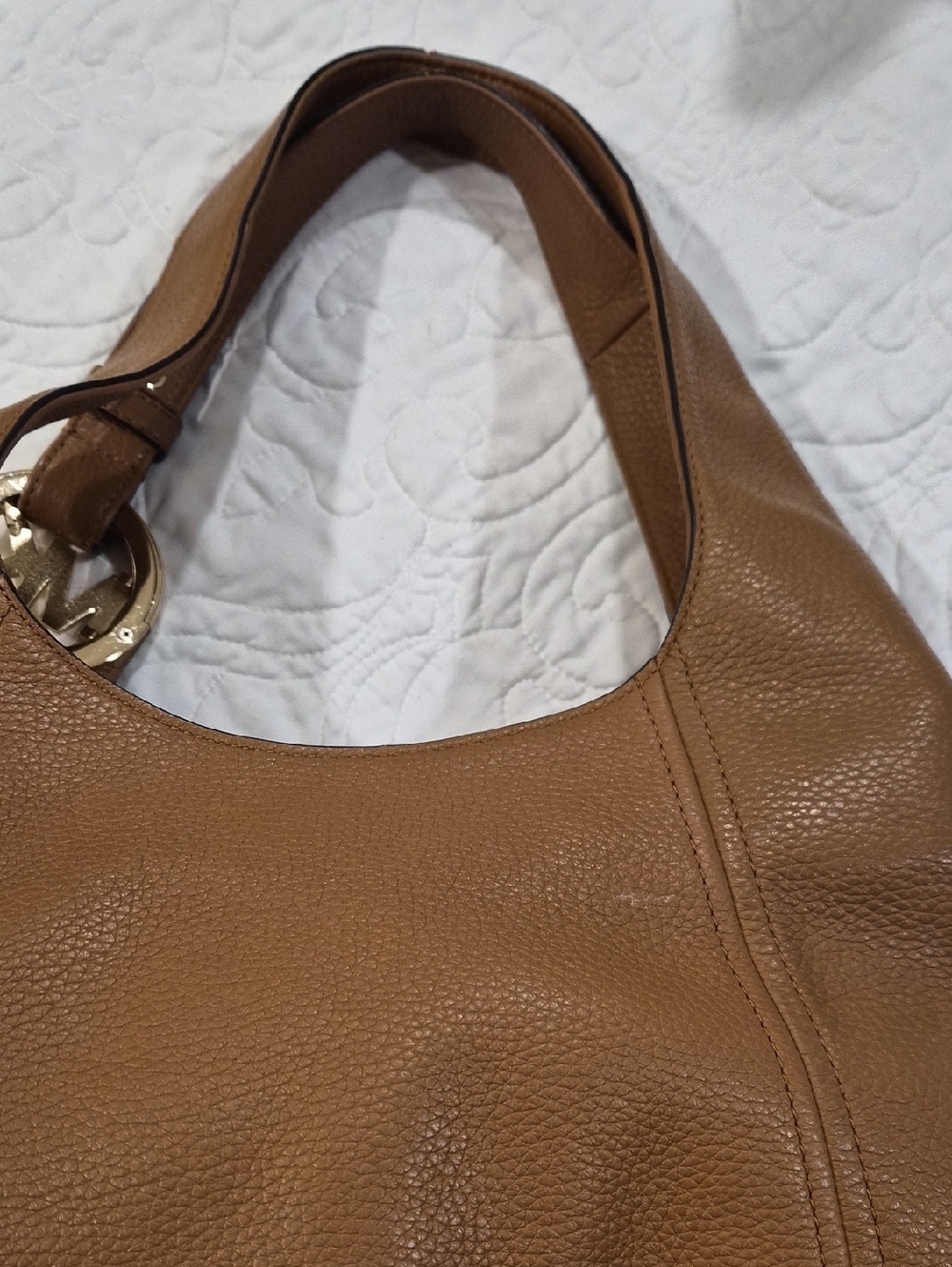 Michael Kors Tan Leather Hobo Bag with Gold MK Accent - Picture 12 of 13